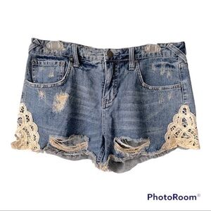 Free People Denim and Lace Distressed Jean shorts 28